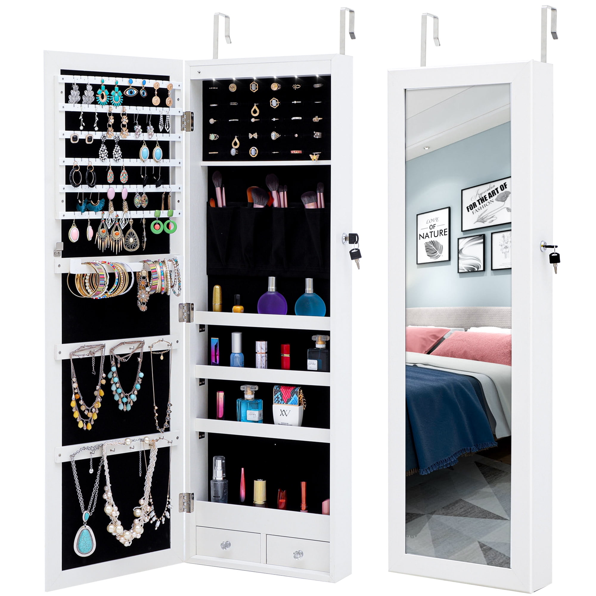 Wall Door Mounted Mirror Jewelry Cabinet Lockable Armoire Organizer w/ LED Light 