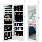 6-LED Light Jewelry Armoire Lockable Wall Door Mounted Mirror Jewelry Cabinet Armoire Storage Organizer White