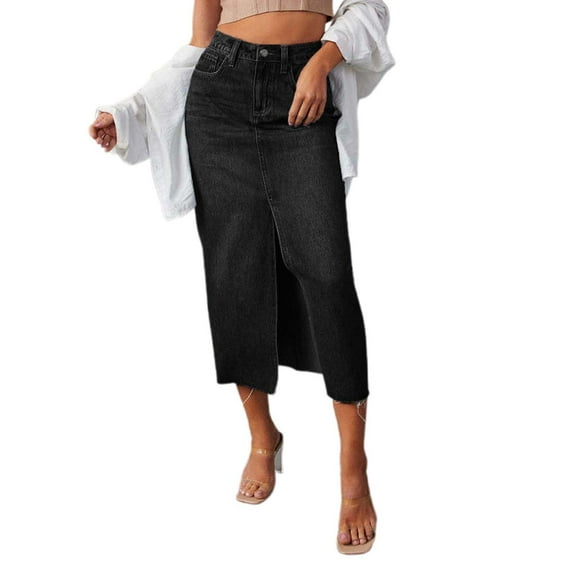 RUTAYY Women Slit Denim Skirt Solid Color Casual Travel Skirts