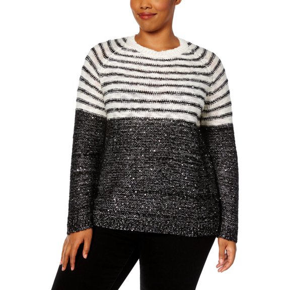 NY Collection Womens Plus Sequined Striped Pullover Sweater Navy 1X