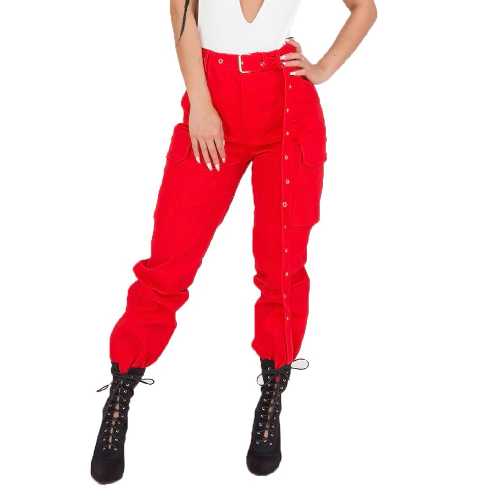 Pgeraug pants for women Cargo Pants Combat Solid Pants Pocket Pants cargo pants women Red L