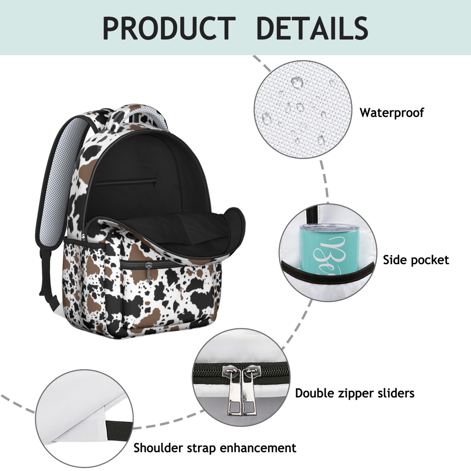 Cow Print Backpack for School,Schoolbag with Adjustable Shoulder Straps & Padded Back,15.3"x11"x7.1".