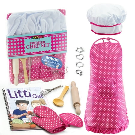 JaxoJoy Complete Kids Cooking and Baking set - 11 Pcs Includes Apron for Little Girls, Chef Hat, Mitt & Utensil for Toddler Dress Up Chef Costume Career Role Play for 3 Year Old Girls and Up -