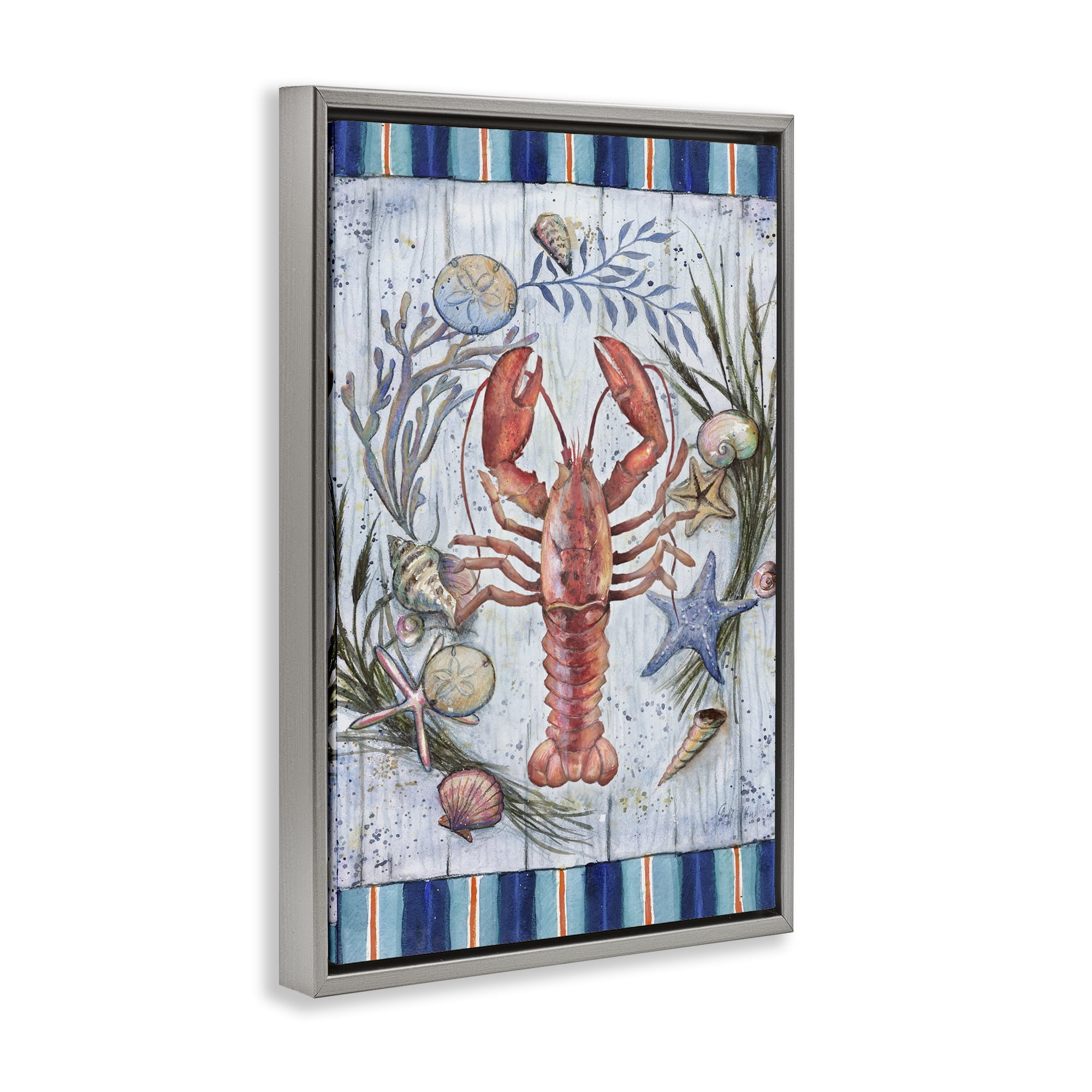 Stupell Industries Coastal Wreath & Lobster Nautical & Beach Painting Gray Floater Framed Canvas Art Print Wall Art, 17 x 25