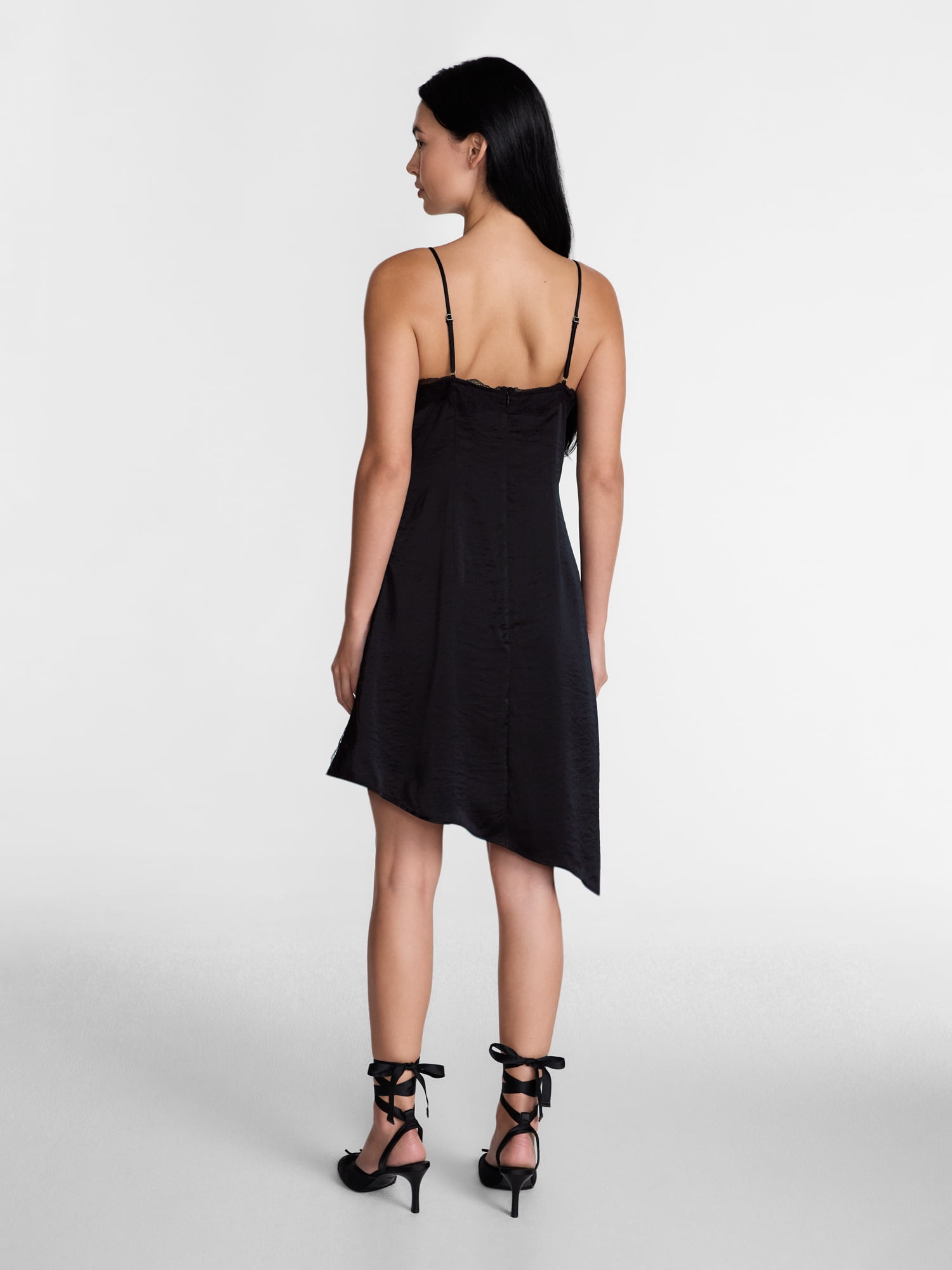 Madden NYC Women’s Lace Trim Satin Slip Dress with Asymmetrical Hem, Sizes XXS-XXL