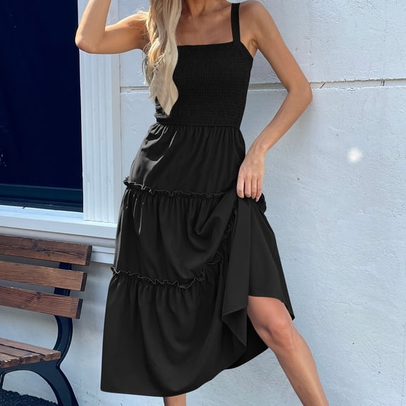 gljltg Sundress Dresses for Women Summer Sleeveless Square Neck Midi Dress Beach Holiday Loose Solid Color Casual Dresses Flowy Swing Pleated Suspender Dress