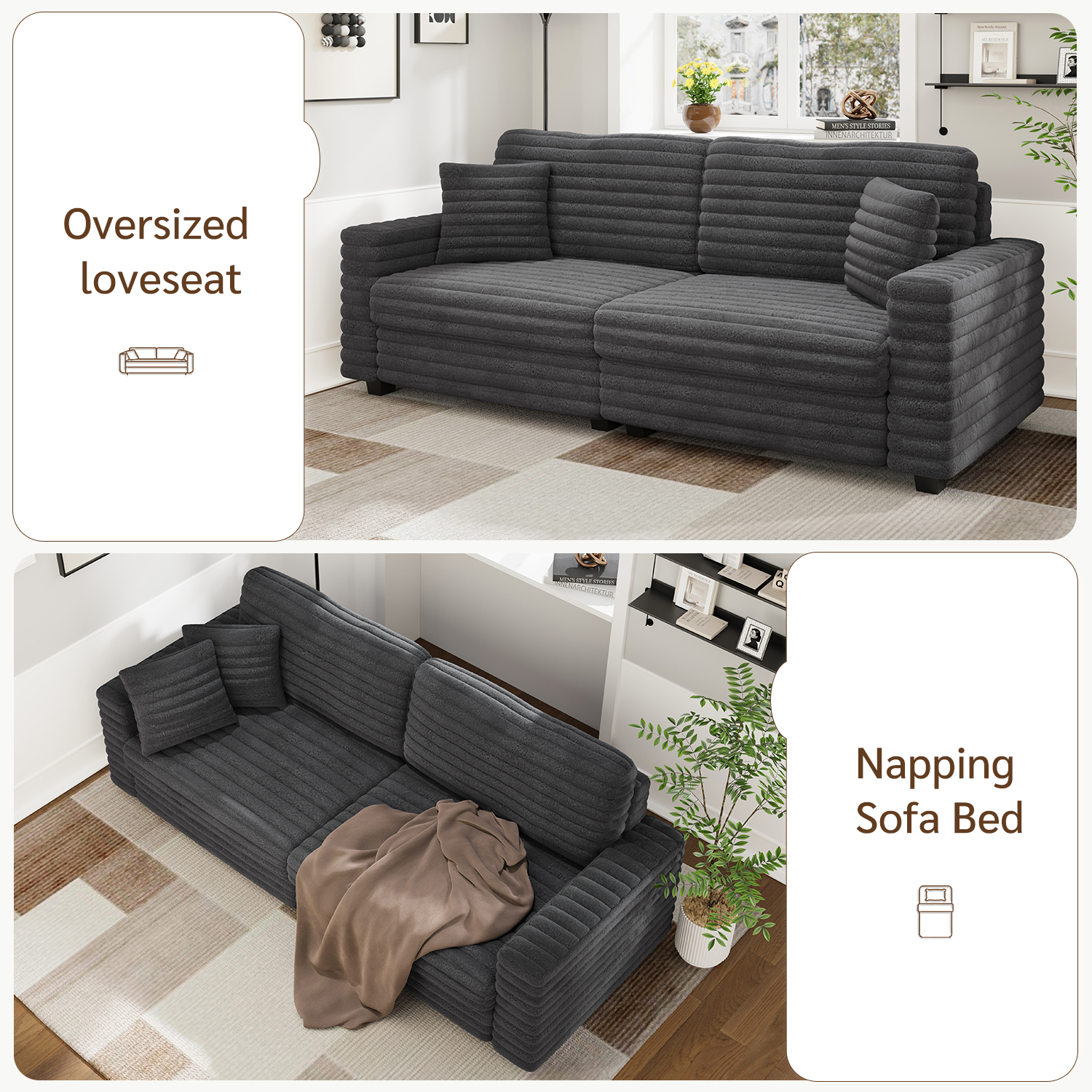 Marrber 79” Oversized Plush Corduroy Loveseat Cloud Sofa, Comfy Extra Deep Seat with Two Pillows and Wide Armrests for Living Room, Apartment, Sturdy, Gray