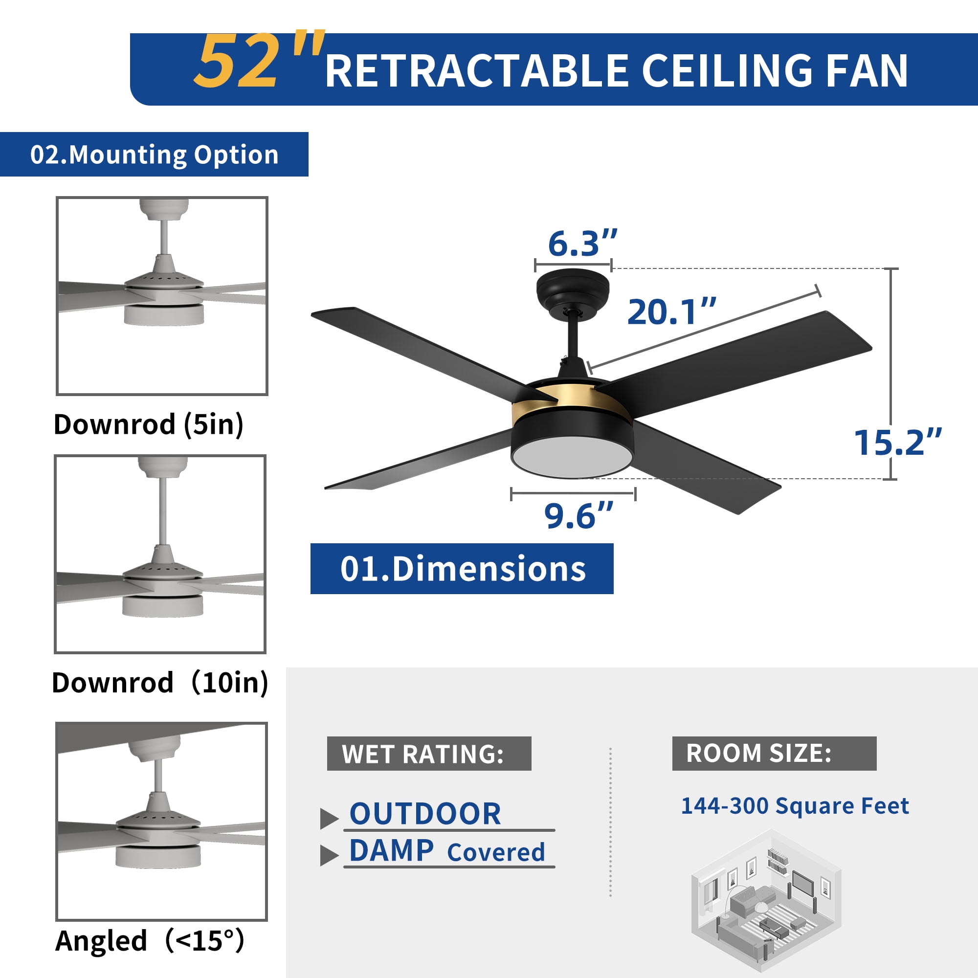52in 4 Blades Modern Ceiling Fans with LED Light and Remote, 3 speeds and Night Light Mode - Black & Gold