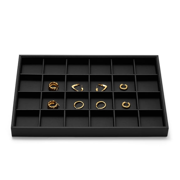 Oirlv Large Jewelry Display Tray Leather, 24 Grid Jewelry Organizer Tray Black, 13.78" x 9.45"