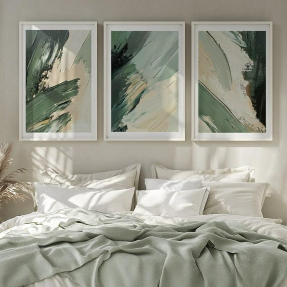 Luvia Sage Green Brush Strokes Posters Prints Set Of 3, Green And Beige Abstract Room Artwork, Modern Wall Decor Set 3 Prints 8x12 UNFRAMED