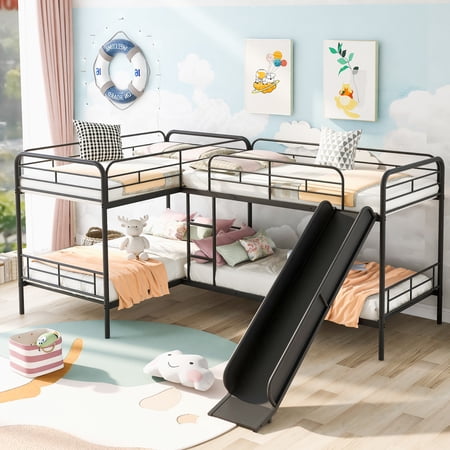 Hassch Twin Size L-Shaped Bunk Bed With Slide And Ladder  Black