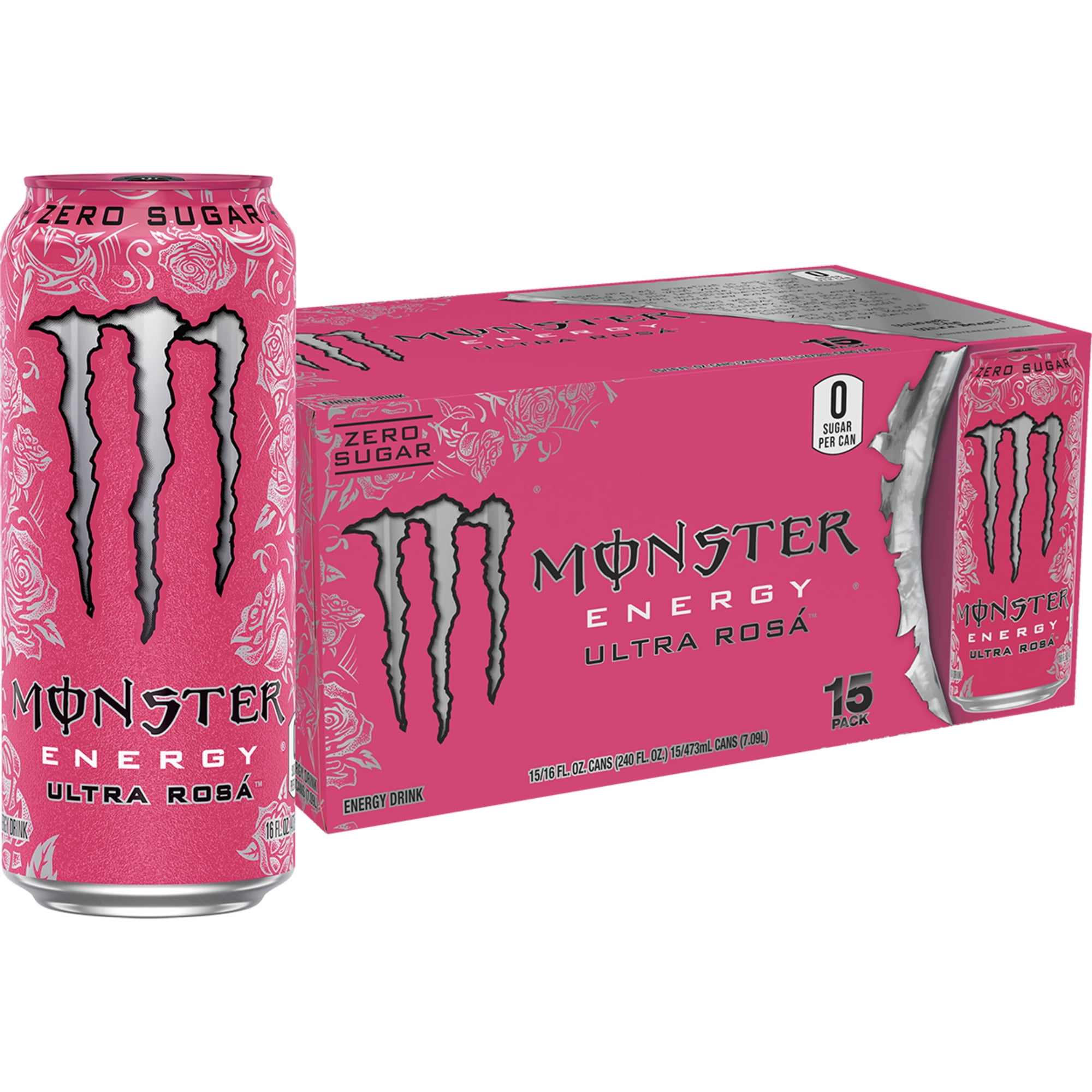 Monster Energy Ultra Rosa Energy Drink, Zero Sugar, 15-Pack, 16 Oz Cans