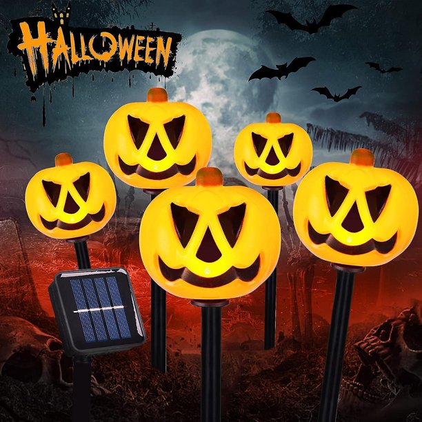 Juego de 5 luces de estaca de calabaza de Halloween, calabaza 3d iluminada impermeable al aire libre para decoración de jardín, camino y patio