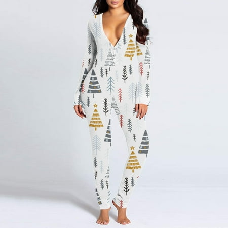 

Yinguo Jumpsuits For Women Button Back Flap Jumpsuit V Neck Long Sleeve Romper Pajamas Christmas Print Collection Sleepwear C L