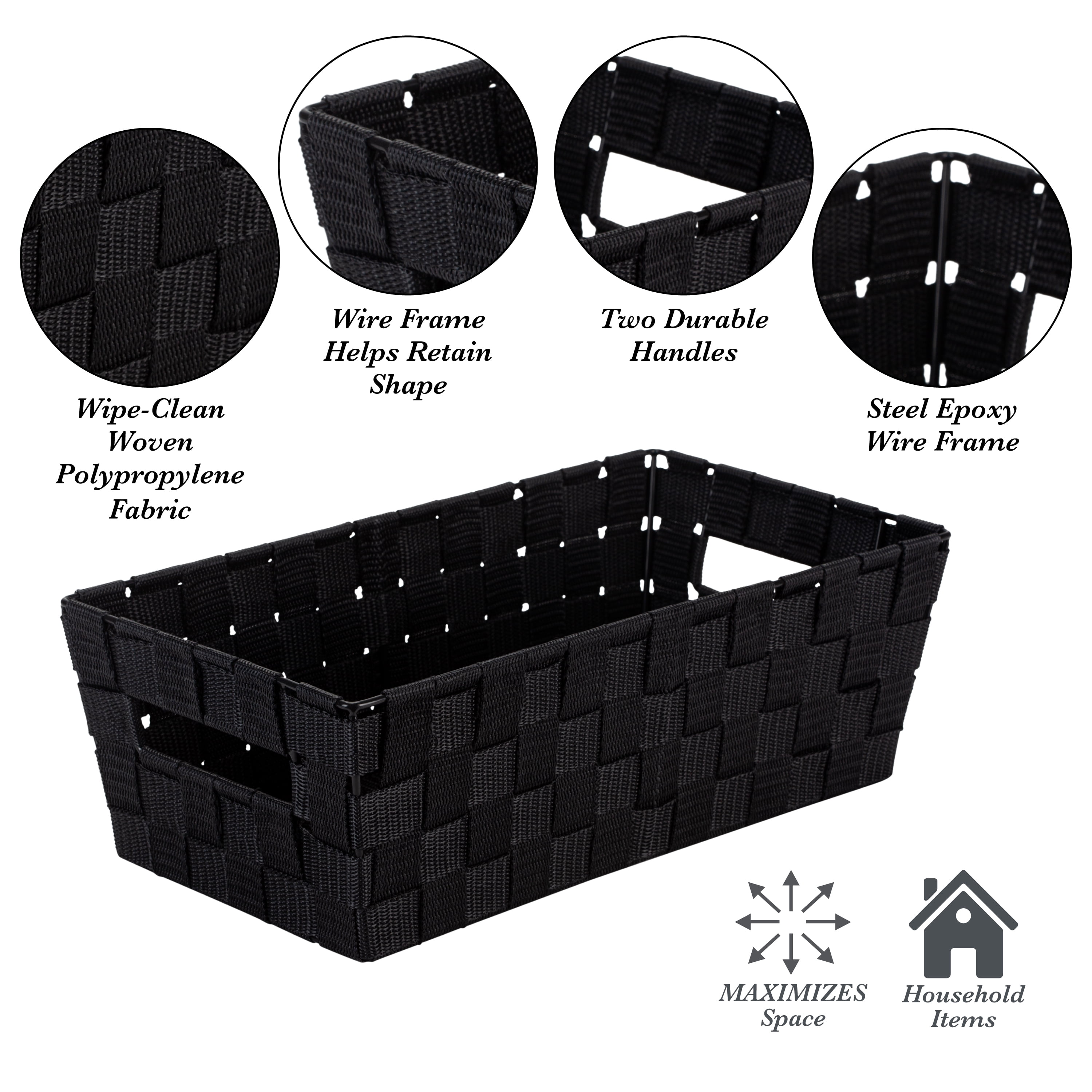 Simplify Medium Woven Strap Polypropylene Storage Tote Basket, Black