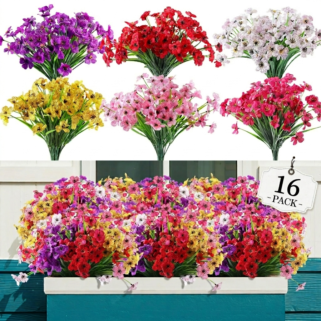 TETOU 16 Bundles Artificial Flowers for Outdoor Decoration, Fake Silk Colorful Plastic Flowers UV Resistant No Fade for Front Door Garden Yard Balcony Spring Farmhouse Decor(Mix color)