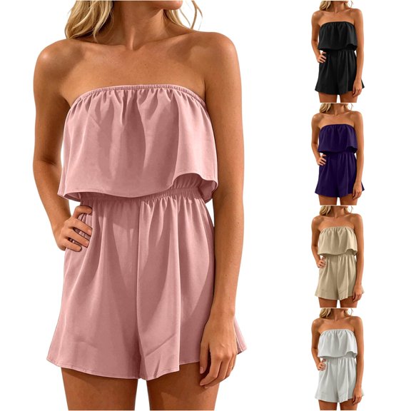 HCYSFG Womens Solid Color Jumpsuits Strapless Ruffle Bodice Wide Leg Fit Relaxed Style Rompers One Piece Outfits Summer Vacation Outfit