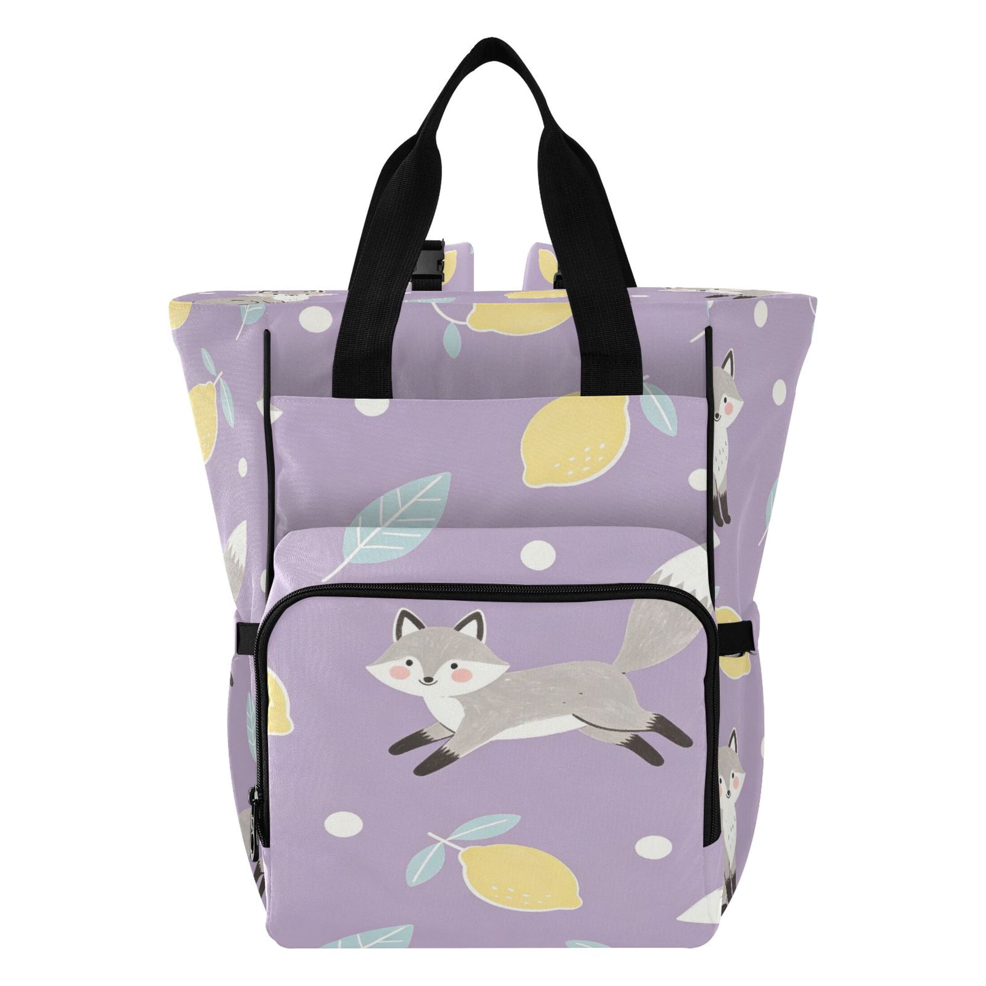 Iauyy Diaper Bag Backpack, 15L Large Capacity Diaper Bag Tote, Nylon Fabric for Outdoor Travel Shopping, Purple Fox Lemon