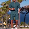 thumbnail image 2 of 2 PC Outfit Set for Men Collared Short Sleeve Button Down Shirt and Drawstring Shorts Casual Summer Ribbed Outfit Sets Green S, 2 of 8