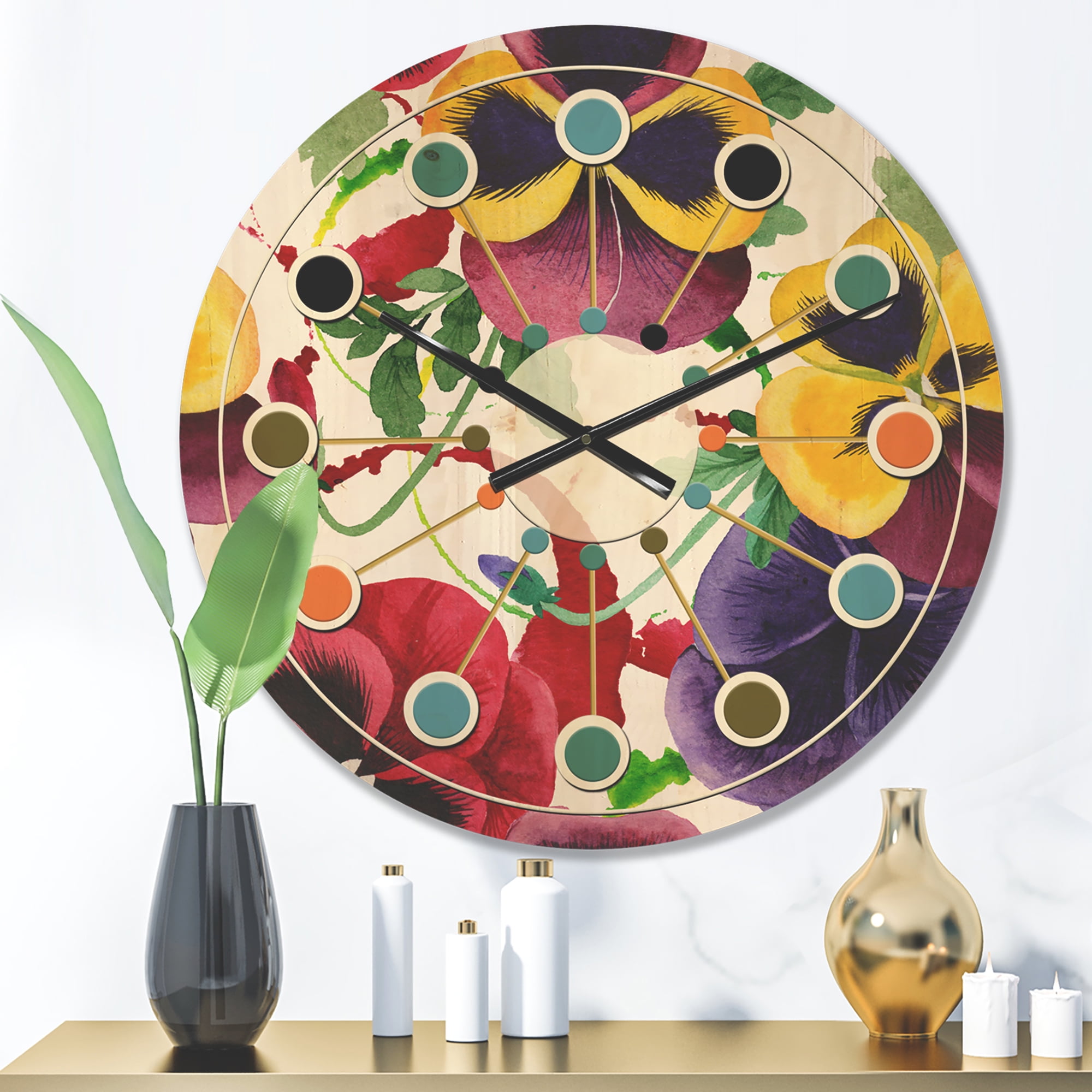 Designart 'Botanical Floral Retro VIII' Mid-Century Modern Wood Wall Clock
