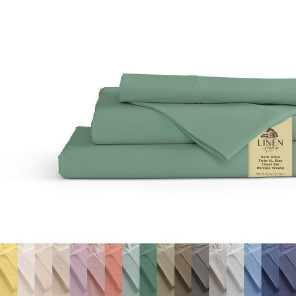 Draps en Percale 100 % Coton Taille Simple TG, Olive Foncé, Poches Profondes, Ensemble de Draps 4 Pcs - 1 Drap Plat, 1 Drap-Housse à Poches Profondes et 2 Taies d'Oreiller, Linge de Lit Frais et Solide