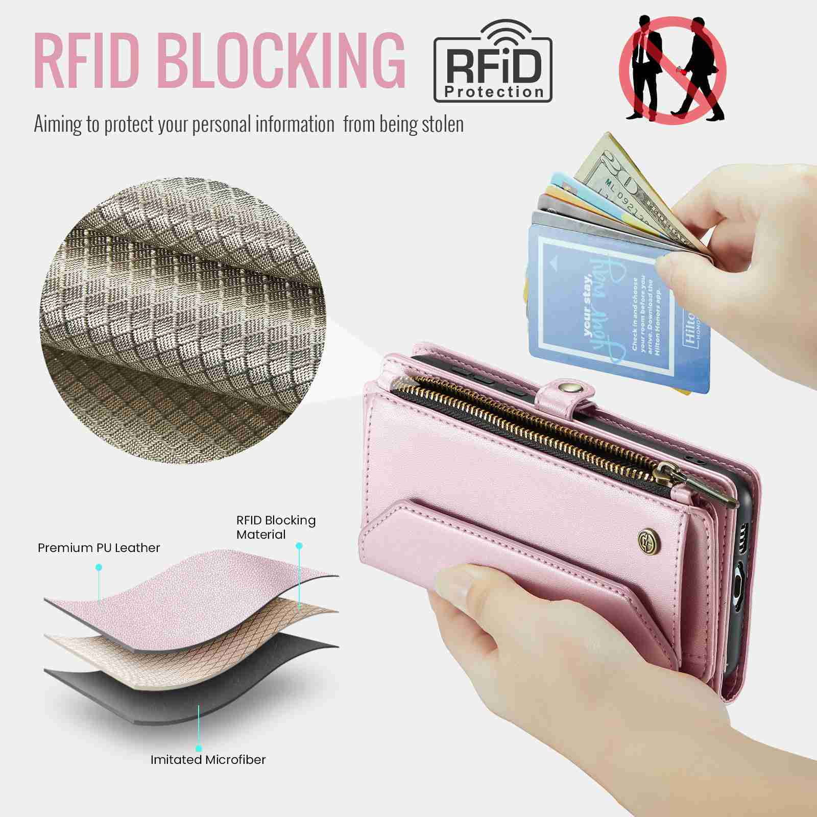 Dteck for Samsung A35 Case with RFID Blocking Wallet Case for Women Men, Shockproof PU Leather Magnetic Flip Strap Zipper Card Holder Phone Case,Pink