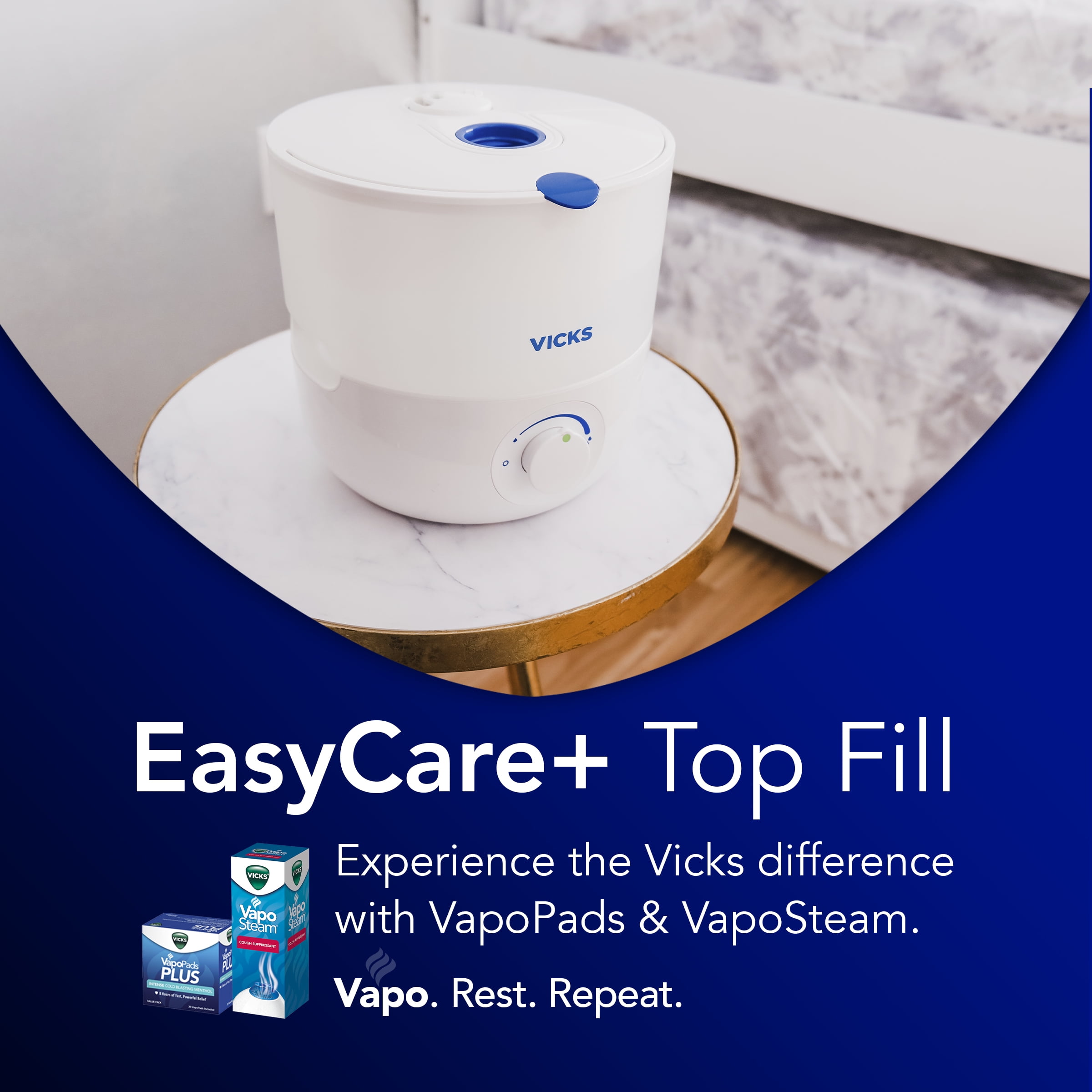 Vicks EasyCare + Top Fill Ultrasonic Cool Mist Humidifier, 400 sq ft, White, VUL585