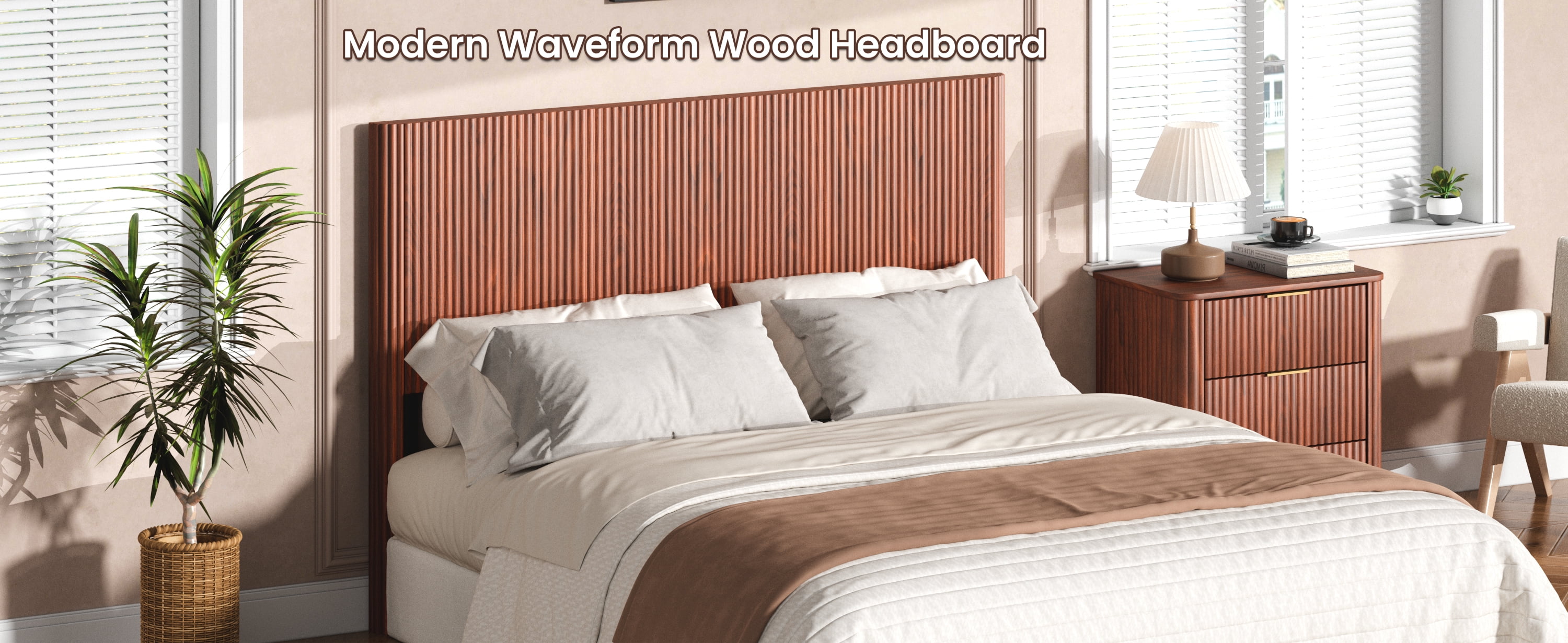 Modern Wooden Headboard with Arched Corrugated Design for Queen Bed, Vertical Grain Wall-Mount Headboard, Farmhouse Style, Easy Install, Walnut
