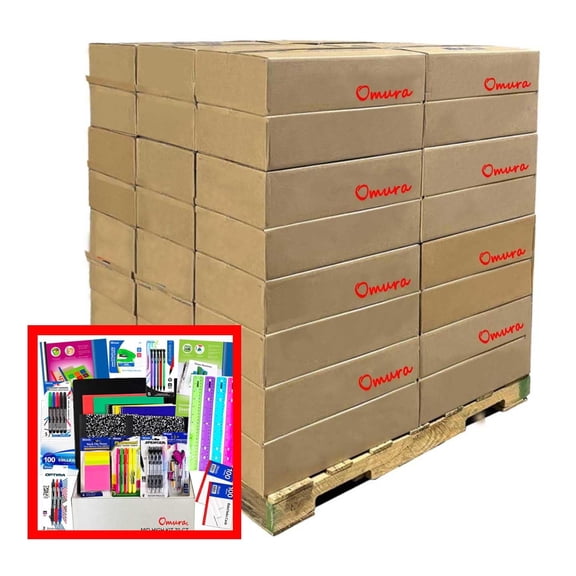OMURA Learning Pallet – 112 Boxes of 70-Piece Stationery Supply Kits, Bulk Office & Study Essentials for Organizations, Schools & Workspaces
