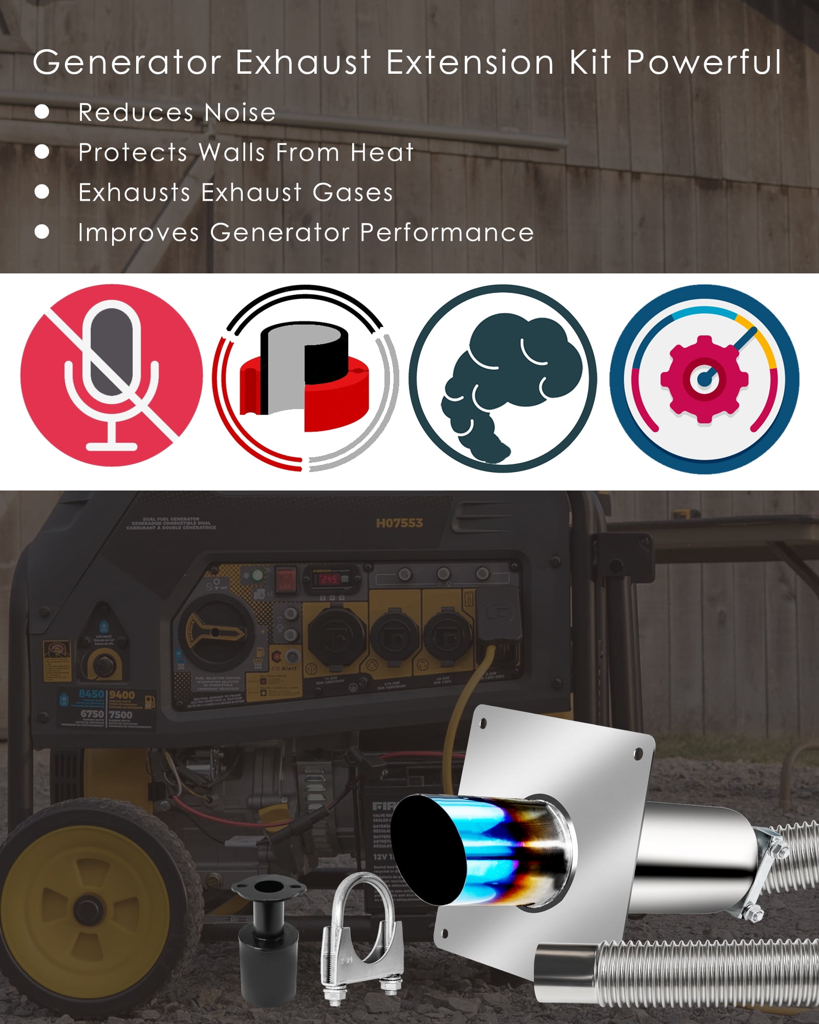 Generator Exhaust Extension Kit with Muffler And Insulated Through-Wall Mounting Plate, Exhaust Adapter, Exhaust Pipe, U-bolt Clamps, for Firman and Hond, Stainless Steel