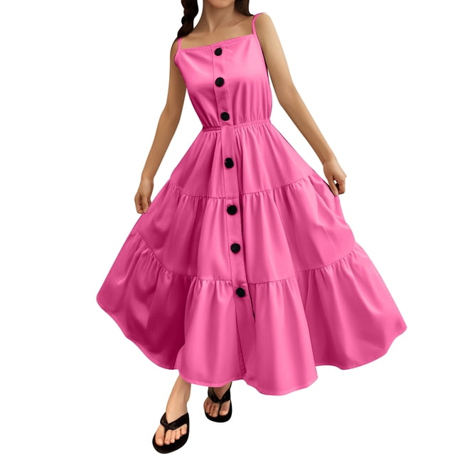 Robe d'Été Décontractée pour Filles, Bretelles Spaghetti, Robe Tournante, Rose Vif, 10 Ans-11 Ans