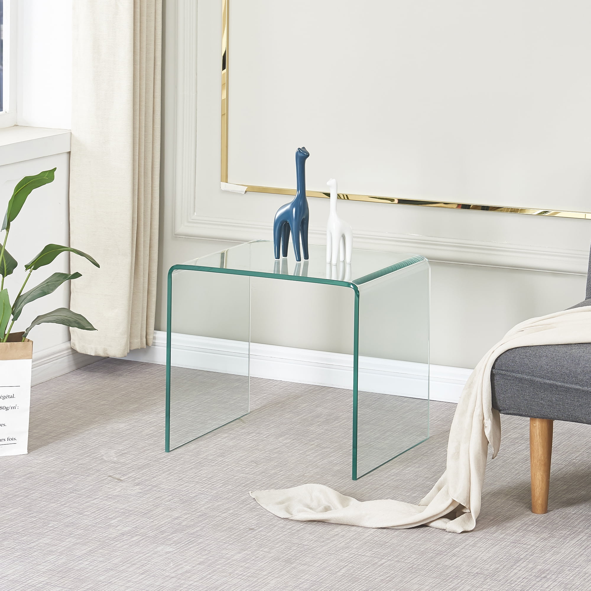 MAYEERTY Tempered Clear Bent Glass SideTable, Transparent End Table, Sofa table