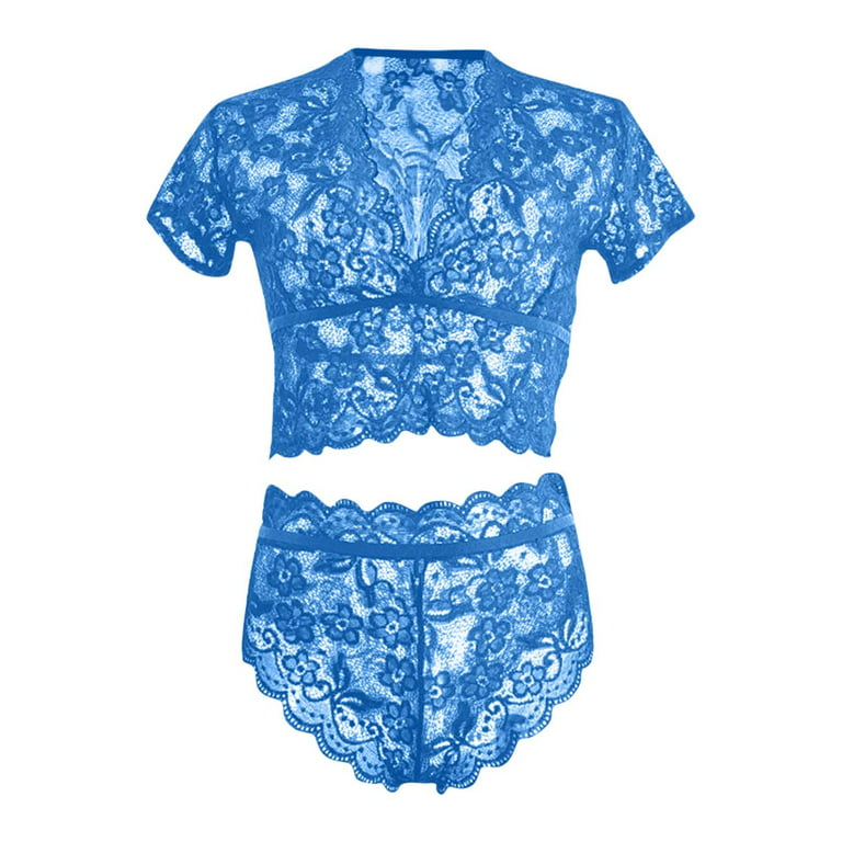 Poatren Sexy Sheer Floral Lace Pajamas Lingerie Set High Waist Sleepwear  Bra And Panty 2 Piece Nightwear