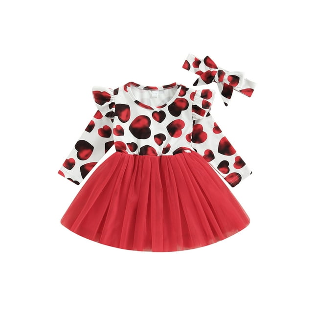 Faithtur Robes pour Filles, Manches Longues Col Rond à Volants Imprimé Cœur Robe Décontractée en Maille + Bandeau