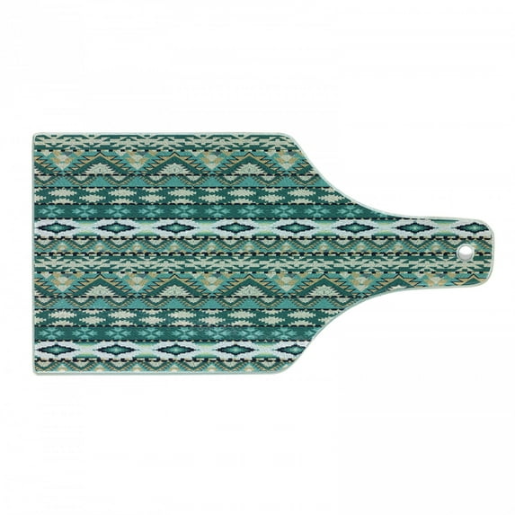 Ethnic Cutting Board, Design Geometrical Elements Triages Squares Prehistoric Pixel Art, Decorative Tempered Glass Cutting and Serving Board, Wine Bottle Shape, Teal Turquoise Tan, by Ambesonne