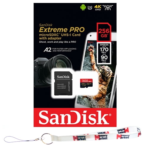 SanDisk Extreme Pro 256GB MicroSD XC Memory Card 170MB/s UHS-I U3 A2 V30  256GB MicroSDXC SDSQXCZ-256G with MemoryMarket lanyard