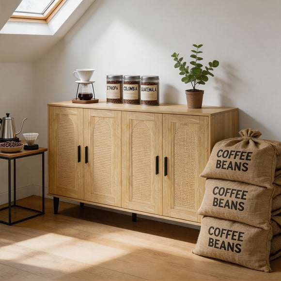 Buffet Storage Cabinet with Rattan Decorating Living Room Wood Kitchen Sideboard Accent Cabinet