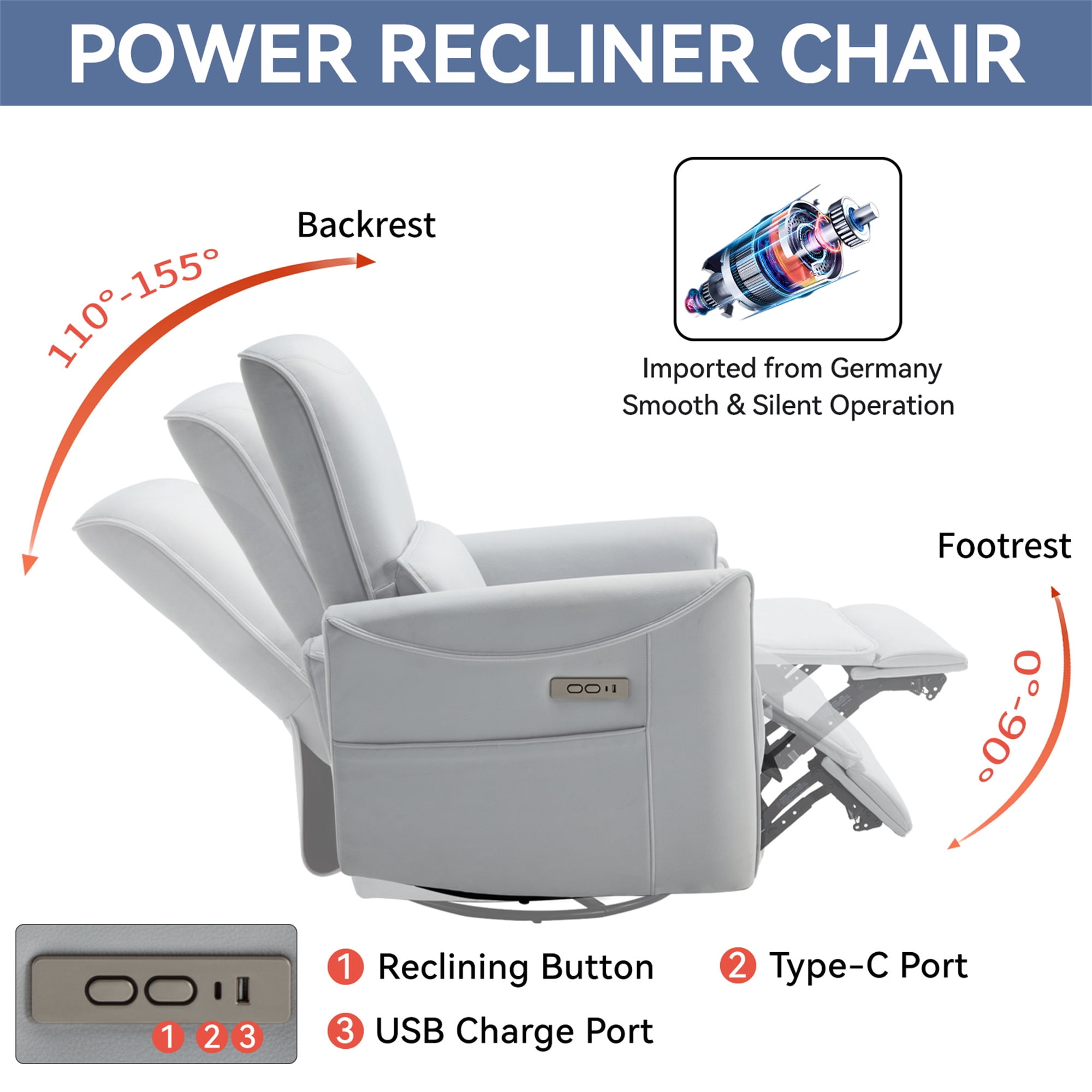 Aukfa Fabric Power Recliner Swivel Glider for Nursery with USB Charge Lumbar Support, Beige