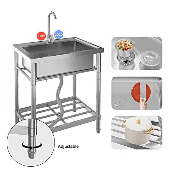 EDTara Stainless Steel Utility Sink, Freestanding Single Bowl with Hot/Cold Faucet, Adjustable Legs, Storage Shelf, for Kitchen, Garage, Outdoor Use