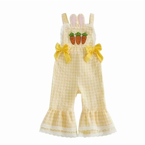 ICQOVD Lifestyle Apparel, Plaid Easter Jumpsuit Sleeveless Bell Bottom Romper with Bunny Embroidery
