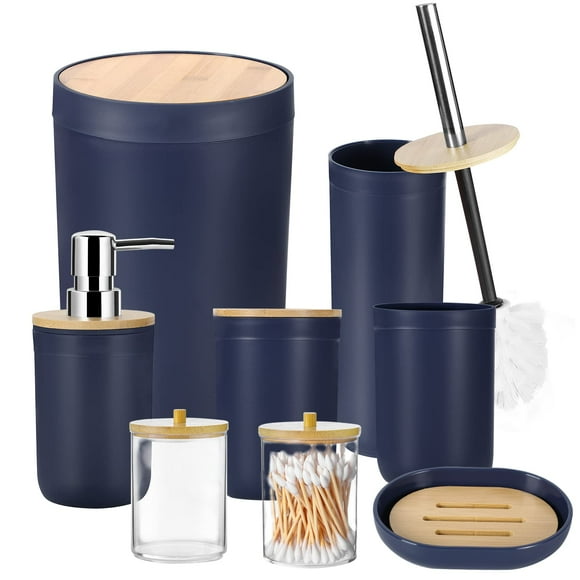 iMucci Ensemble de 8 Accessoires de Salle de Bain Bleu Marine - avec Poubelle Porte-Brosse à Dents Distributeur de Savon Ensemble de Savon et Lotion Gobelet
