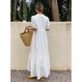 thumbnail image 2 of Ivory White Hollow Out Embroidery Tiered Puff Sleeve Maxi Dress, 2 of 17