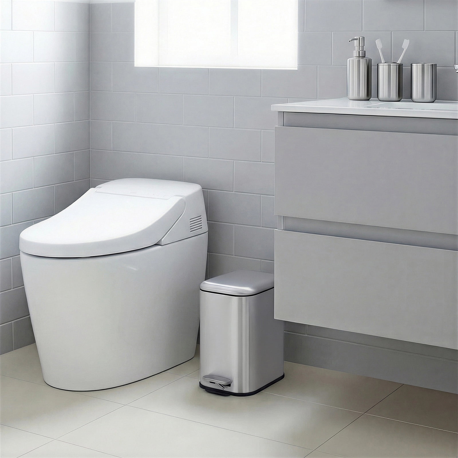 Bathroom Trash Can with Lid, 3.2 Gallon / 12 Liter Stainless Steel Garbage Can with Removable Liner Bucket, Small Step Wastebasket with Slim Design for Toilet Bedroom Office