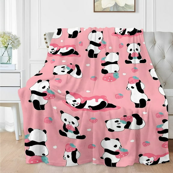 Cozy Pink Flannel Blanket with Panda and Strawberry Print, Soft Warm Multipurpose Throw for Sofa, Bed, Office - All Seasons, Perfect Birthday Gift