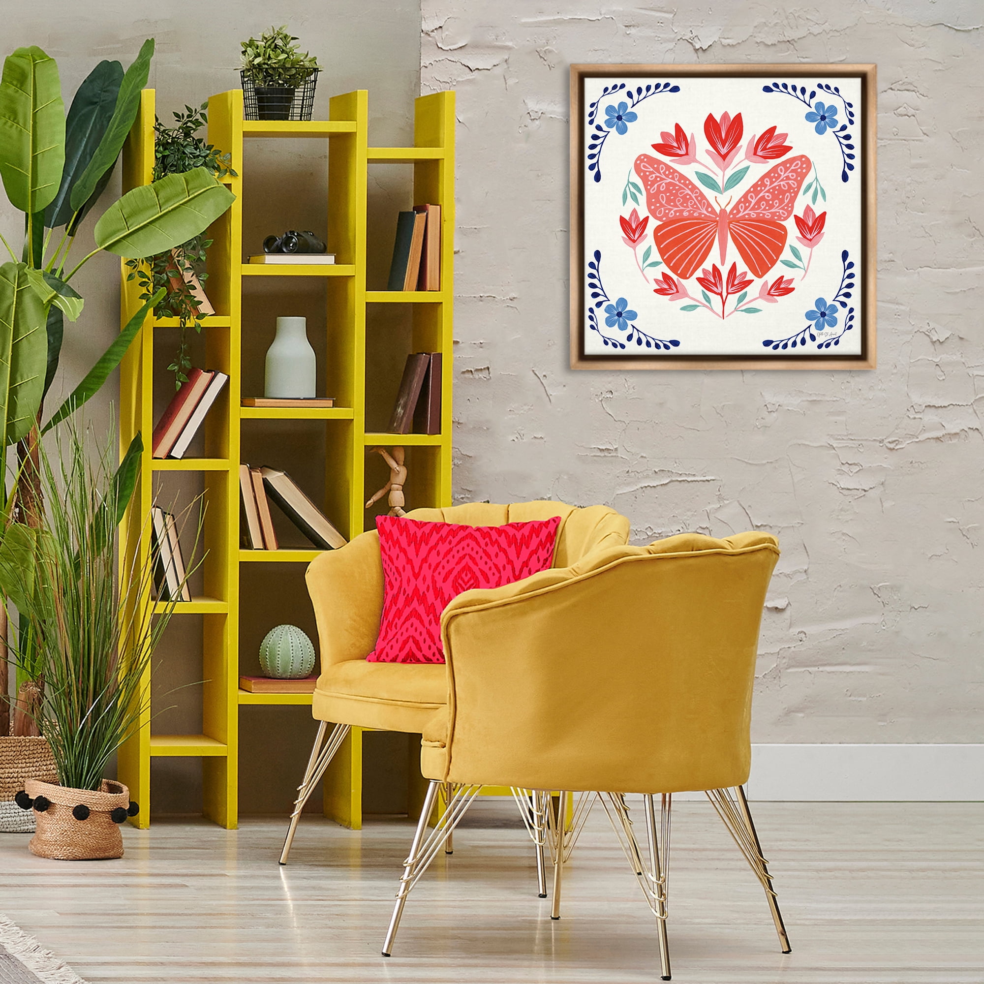 Stupell Industries Orange Folk Butterfly Insects Painting Brown Floater Framed Canvas Art Print Wall Art, 25 x 25