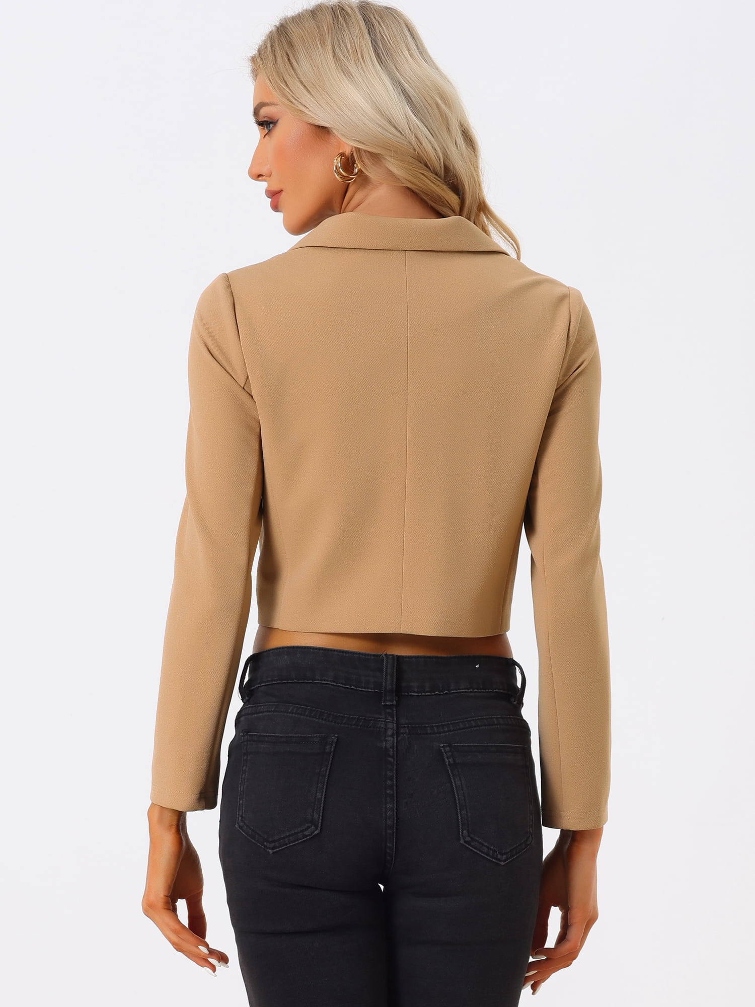 DARING DIVA Women's Notched Lapel Collar Office Cropped Blazer Jacket L Khaki