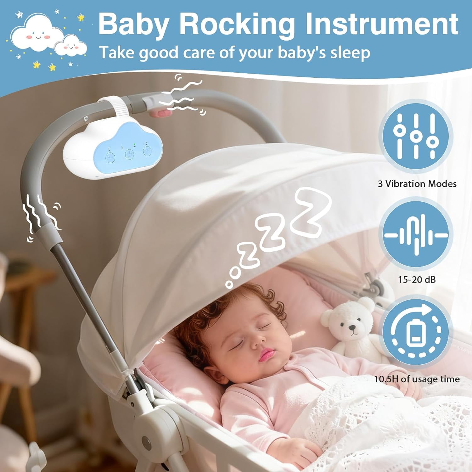 Wiher Rechargeable Stroller Rocker Device – Hands-Free Baby Rocker & Sleep Soother, Quiet Motor, Fits Stroller Handle, Bassinet & Crib, 3 Speeds, 4 Timer Settings, for Newborns to Toddlers(Blue)