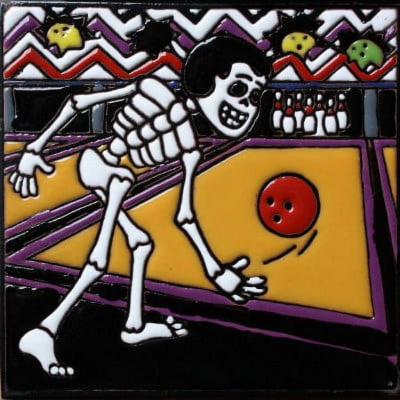 6x6 Bowling Time. Day-Of-The-Dead Clay Tile