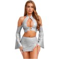 thumbnail image 1 of Yeahdor Womens Glossy Pu Crop Top Halter Off Shoulder Flared Sleeve For Clubbing Raves Silver L, 1 of 6