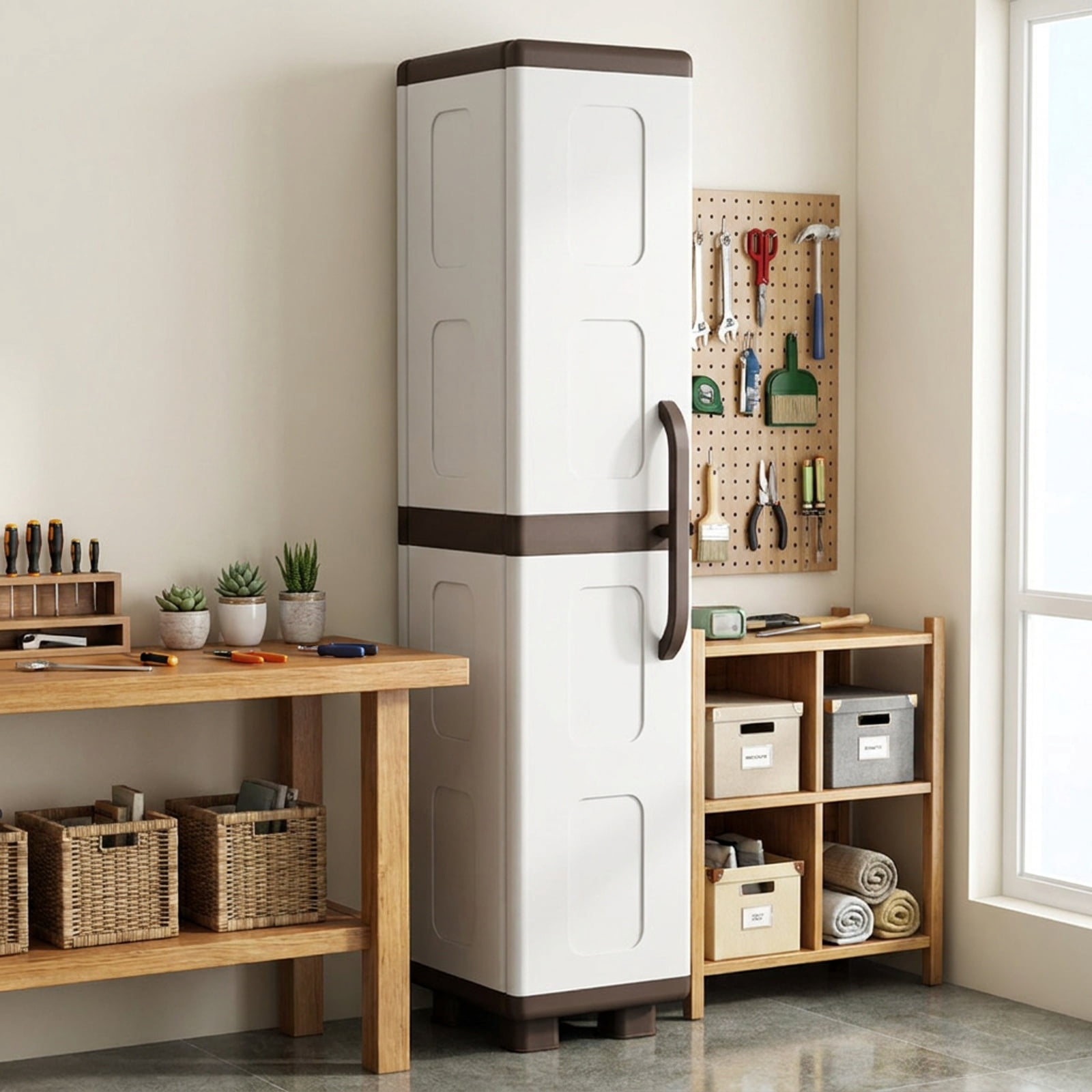Furnibear Plastic Kitchen Pantry with 4 Adjustable Shelves and Single Door for Living Room and Kitchen for Living Room Bedroom Kitchen, Beige